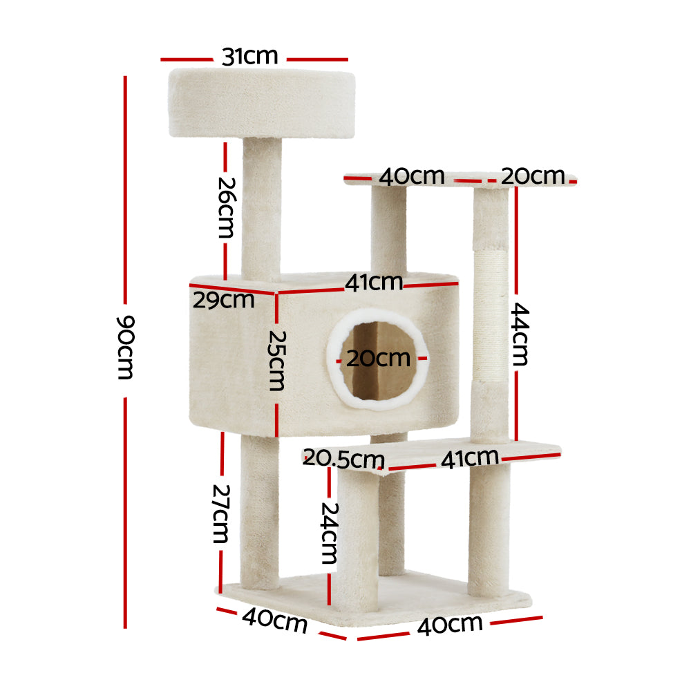 90cm Wooden Cat Tree with Scratching Post, Condo & Bed