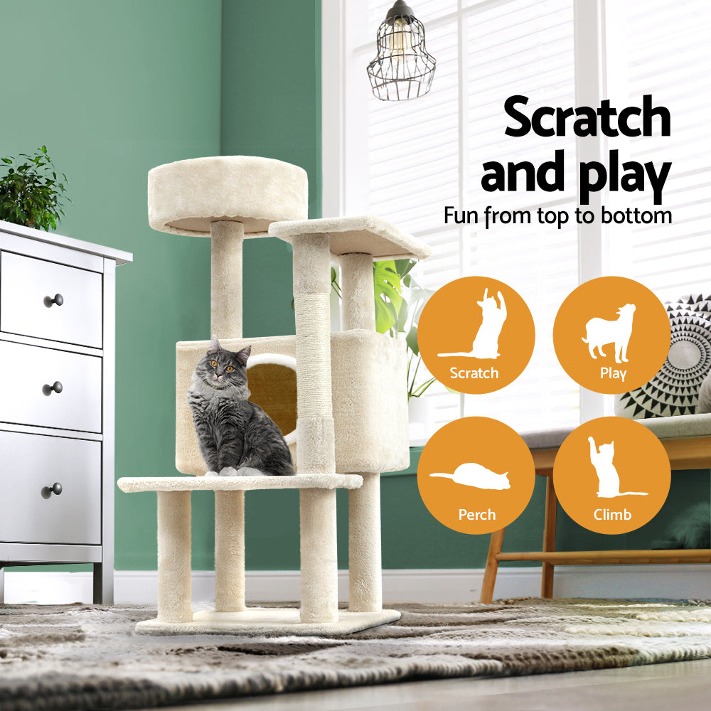 90cm Wooden Cat Tree with Scratching Post, Condo & Bed