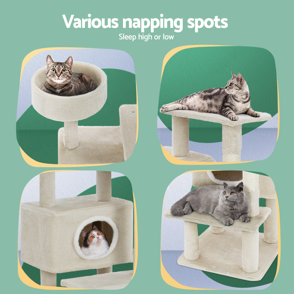 90cm Wooden Cat Tree with Scratching Post, Condo & Bed
