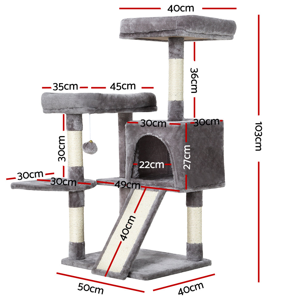 103cm Cat Tree Tower with Scratching Posts & Wooden Condo – Grey