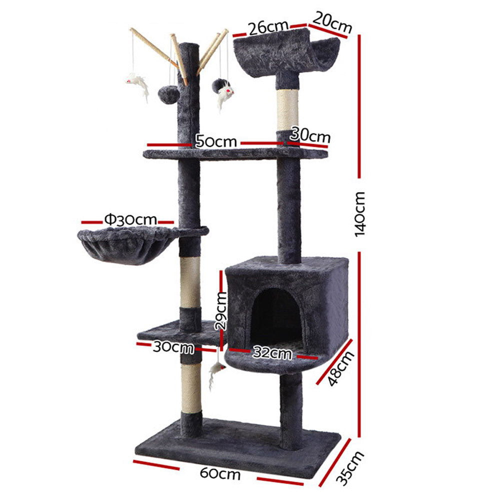 140cm Multi-Level Cat Tree with Scratching Posts, Condo & Bed – Grey