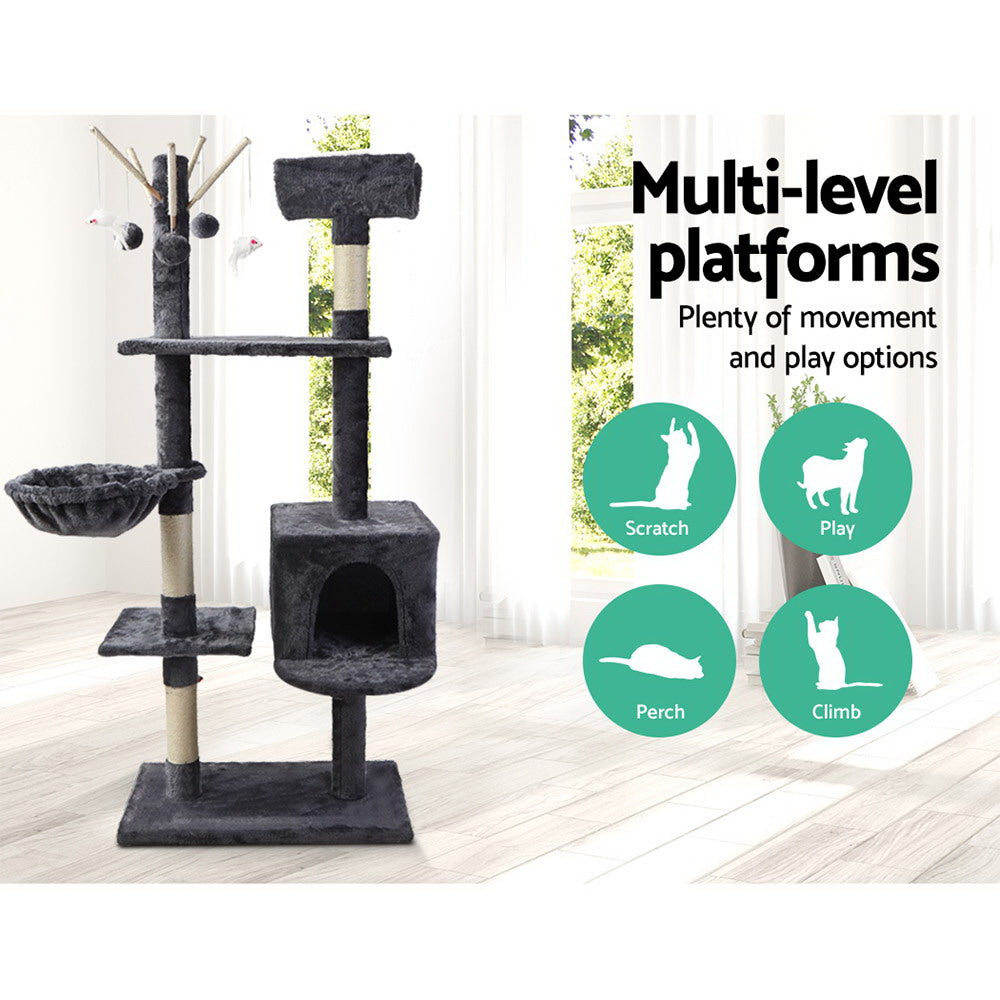 140cm Multi-Level Cat Tree with Scratching Posts, Condo & Bed – Grey