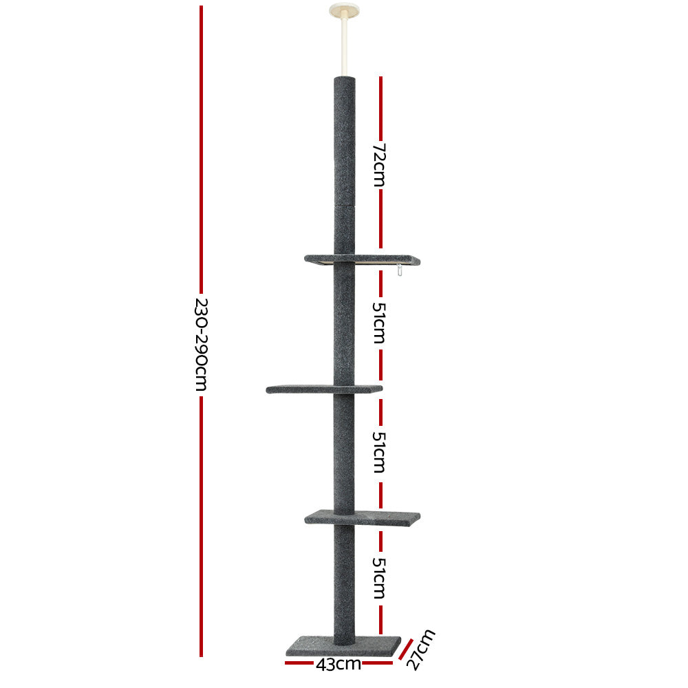 290cm Floor-to-Ceiling Cat Tree Tower with Scratching Posts & Beds – Grey