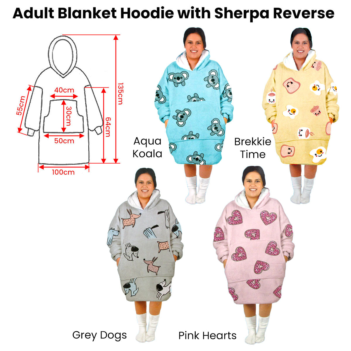 Women's Comfy Warm Blanket Hoodie with Sherpa Fleece Lining – Reverse Grey with Dog Print