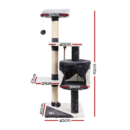 112cm Multi-Level Wooden Cat Tree with Scratching Posts & Condo