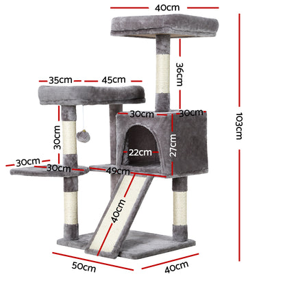 103cm Cat Tree Tower with Scratching Posts & Wooden Condo – Grey