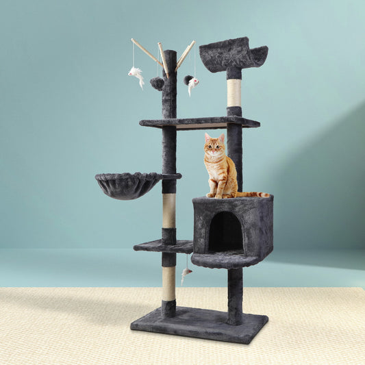 140cm Multi-Level Cat Tree with Scratching Posts, Condo & Bed – Grey