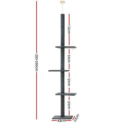 290cm Floor-to-Ceiling Cat Tree Tower with Scratching Posts & Beds – Grey
