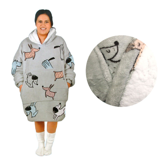Women's Comfy Warm Blanket Hoodie with Sherpa Fleece Lining – Reverse Grey with Dog Print